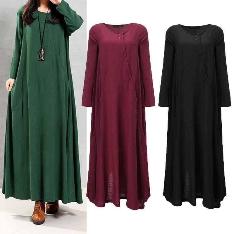 Elegant Plus Size Women Cotton Long Sleeve Vintage Kaftan Casual Maxi Dress