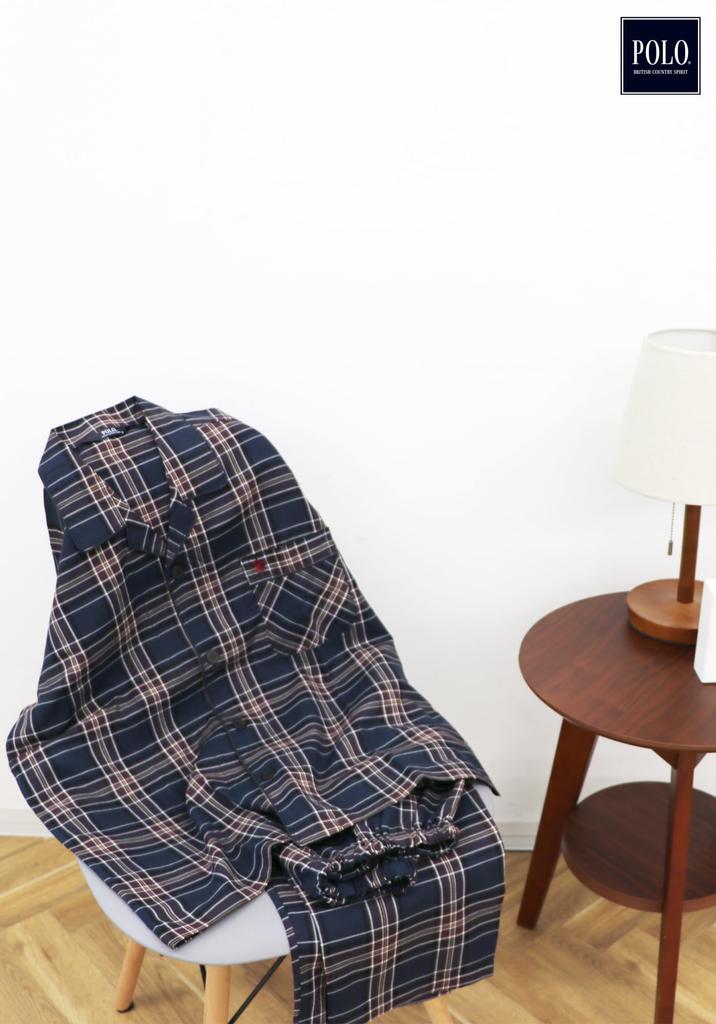 Kaitak Family POLO BCS Men's Long Sleeve Viyella Pajama Shirt, 100% Cotton, Check Pattern, Gray, Navy, Spring/Autumn, Sizes M/L (M, Navy)