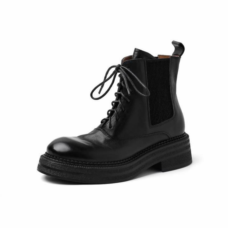 New women's leather boots medium heel large size women's boots lace-up medium heel leather Martin boots autumn and winter cowhide low boots women