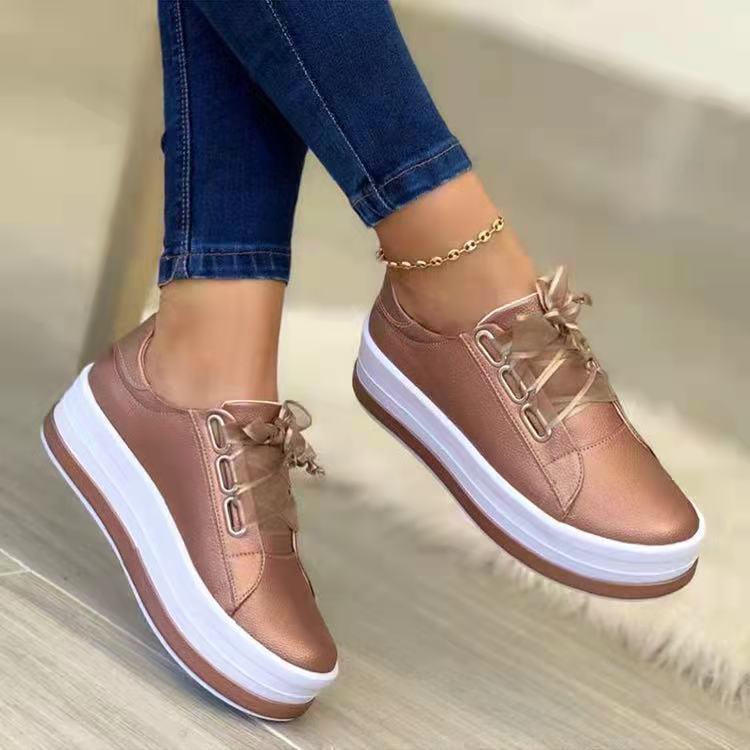 

Women s Thick-Soled Lace-Up Sneakers - European & American Style, Round Toe, Solid Color, Plus Size Available 39