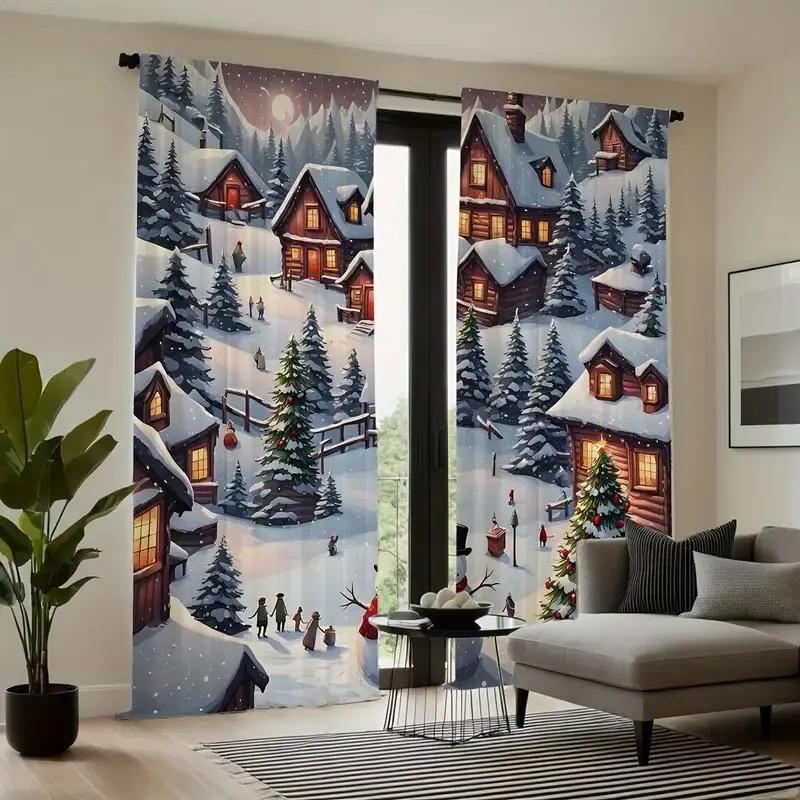 Set aus 2 rustikalen malerischen Winterdorf-Vorhängen für Weihnachtsfenster Heimdekoration Vorhang mit Stangentasche Polyester