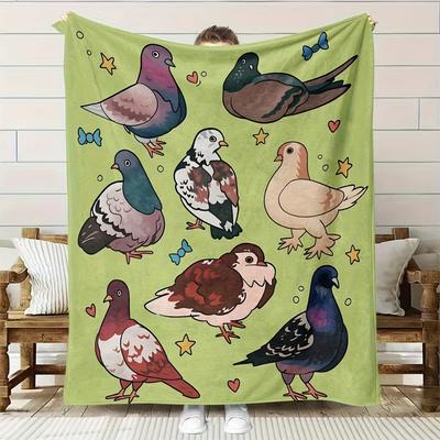 Cartoon-Taube Fleecedecke Grüner Vogel Stern Herz Muster Weicher Flanellstoff für Sofa Schlafzimmer Kinder Warm Gemütlich Niedlich Zuhause Erholung