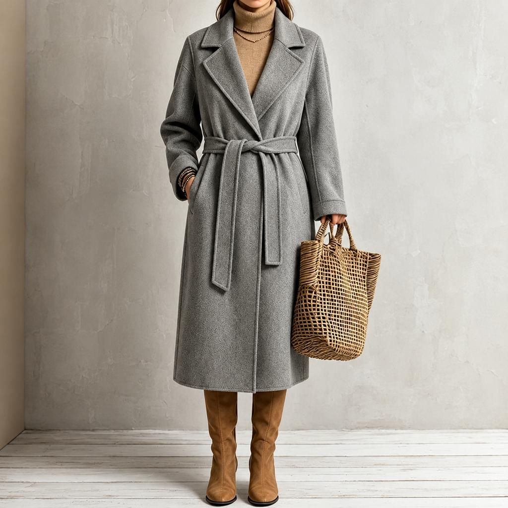 Lange dameswollen jas met gekerfde revers voor herfst en winter, zakelijke casual kleding