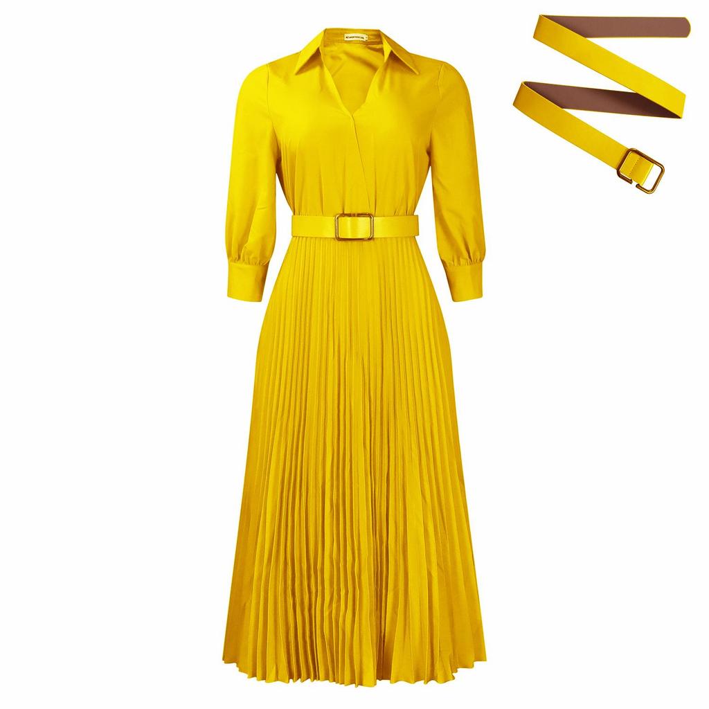 Women's 2026 Spring V-Neck Solid Color Long Sleeve Pleated Dress