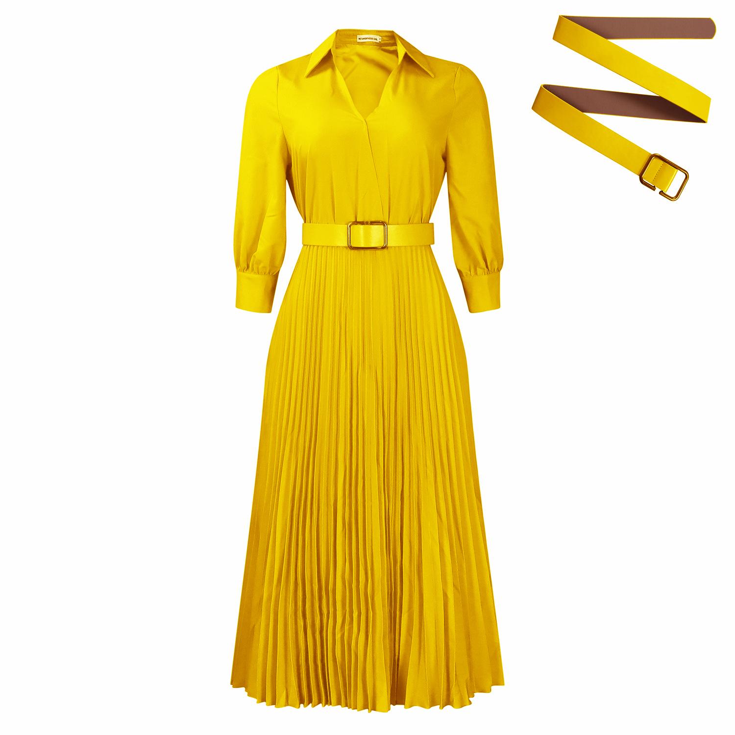 

Women s 2026 Spring V-Neck Solid Color Long Sleeve Pleated Dress XXXL