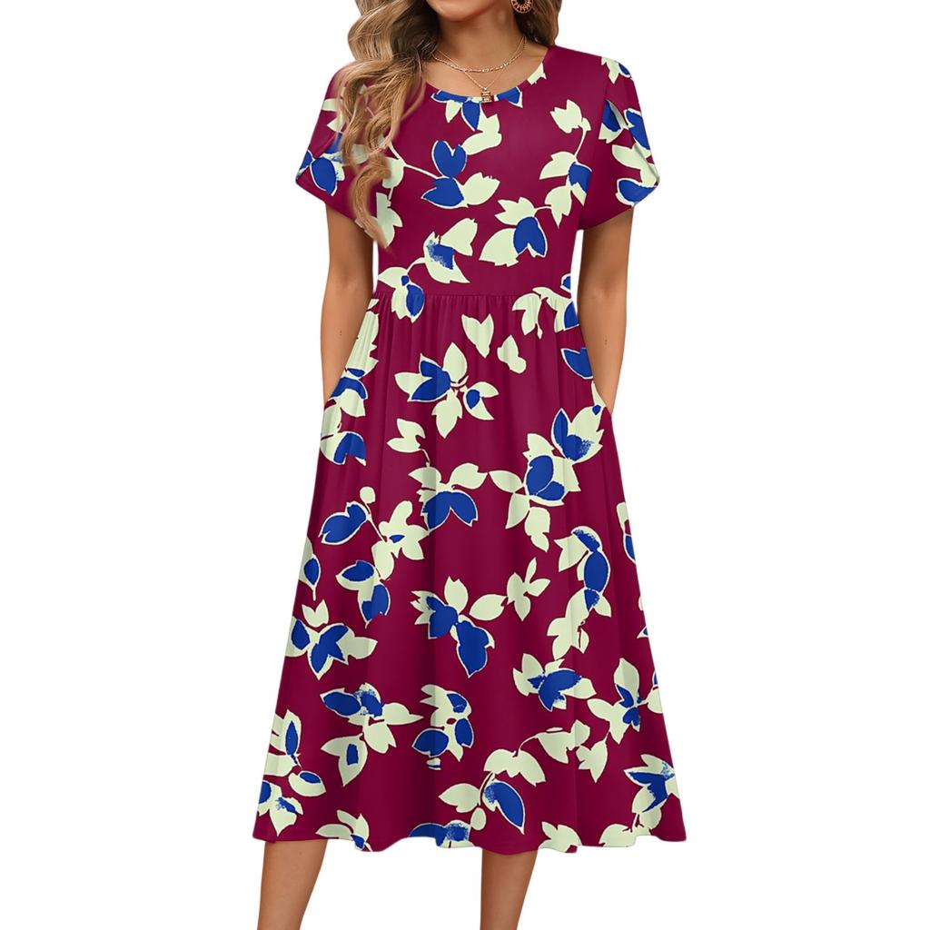 Damenmode Sommer Rundhals Kurzarm Blumendruck Strandkleider
