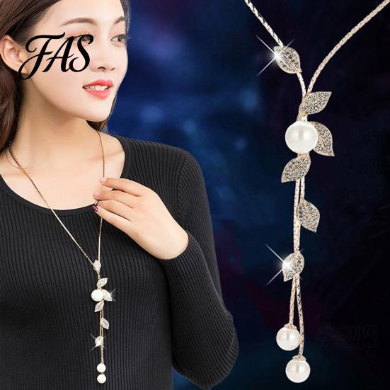 Necklace Faux Pearl Tassel Leaves Pendant Exquisite Beautiful Accessories Sweater Chain Jewelry Gift for Women