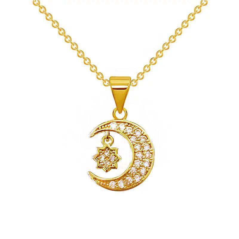 1 Stück Stern und Mond mit Zirkonia Kupfer Anhänger Halskette Mädchen Stil Geschenk Schmuck