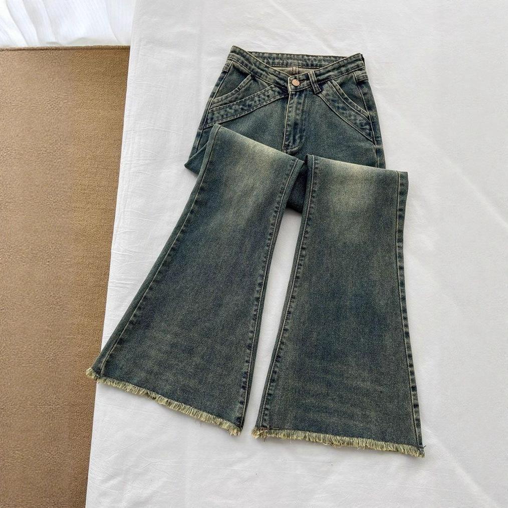 Retro Raw Edge Micro Flare Jeans Damen Frühling und Herbst Designgefühl Hohe Taille Skinny Hundert Hundert Match Gerade Schlaghose Retro Jeans