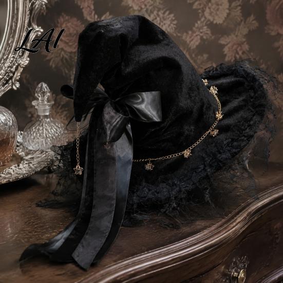 Halloween Night Decorations Witch Hat for Women Lace Wizard with Ribbon Bow Black Party Mesh Veil Costume Accessory Adults Fancy Dress Cosplay