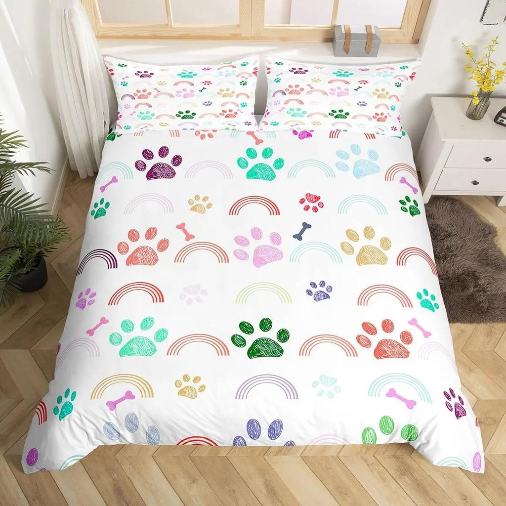 Dog Paw Print Duvet Cover Watercolor Gradient Puppy Footprints Comforter Cover with 2 Pillowcases,Funny Pets Animal Quilt Cover