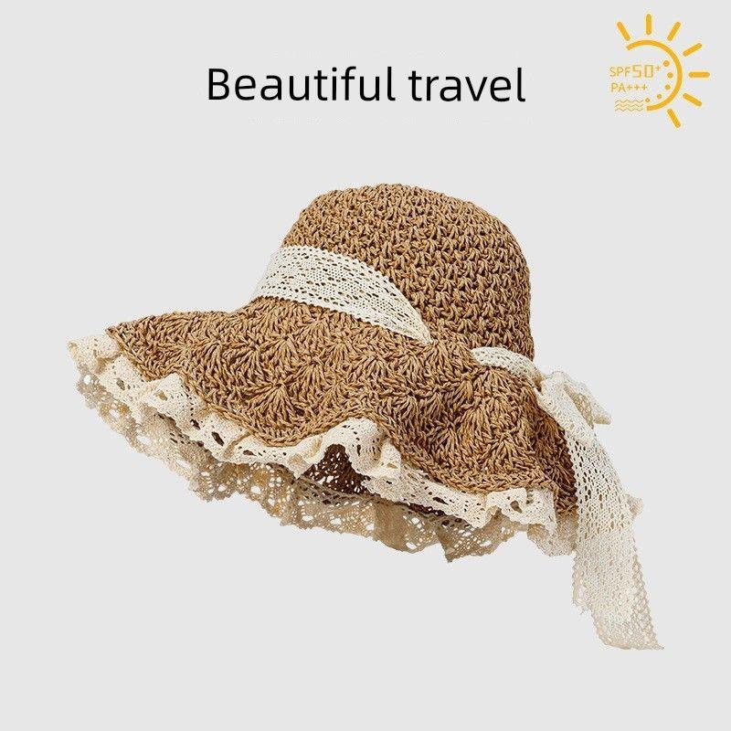 100.00kg Plus Size Women's Big Brim Grass Bows Hand-Woven Seaside Beach Hat Sun-Proof Face Cover Sun-Shade Straw Hat