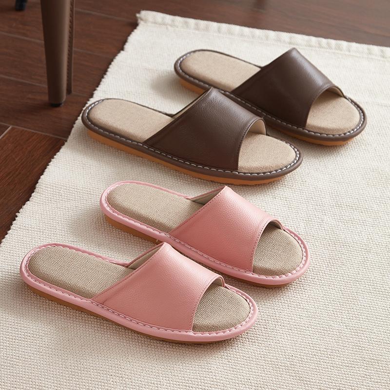 Leather slippers first layer cowhide indoor home beef tendon bottom non-slip genuine leather linen slippers women's high sense of home