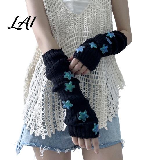 Dunkle Gothic Mode Handschuhe Sternenstrick Armstulpen Fingerlos für Damen Mädchen Lolita Alltag Ärmel Stil Gestreift Häkeln Cosplay Kostüm