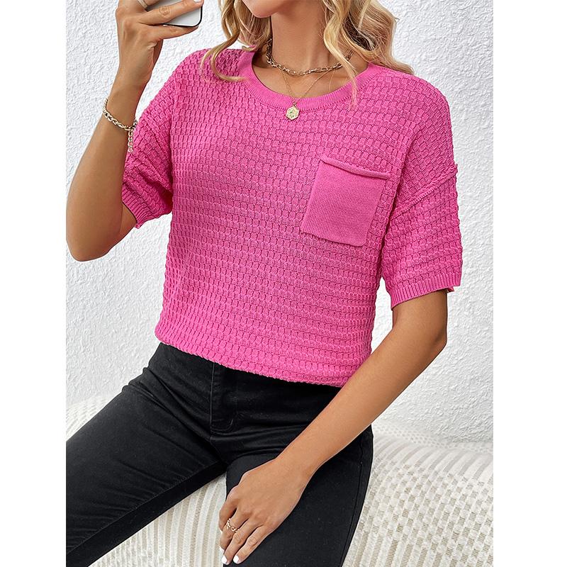 New Spring/Summer Women's Pullover Pocket Home Short Sleeve Solid Color Women's Knitwear