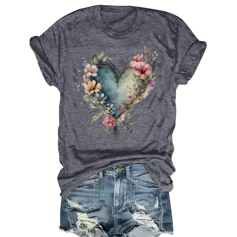 Short Sleeve Love Flower Large Size Round Neck Fashion T-Shirt