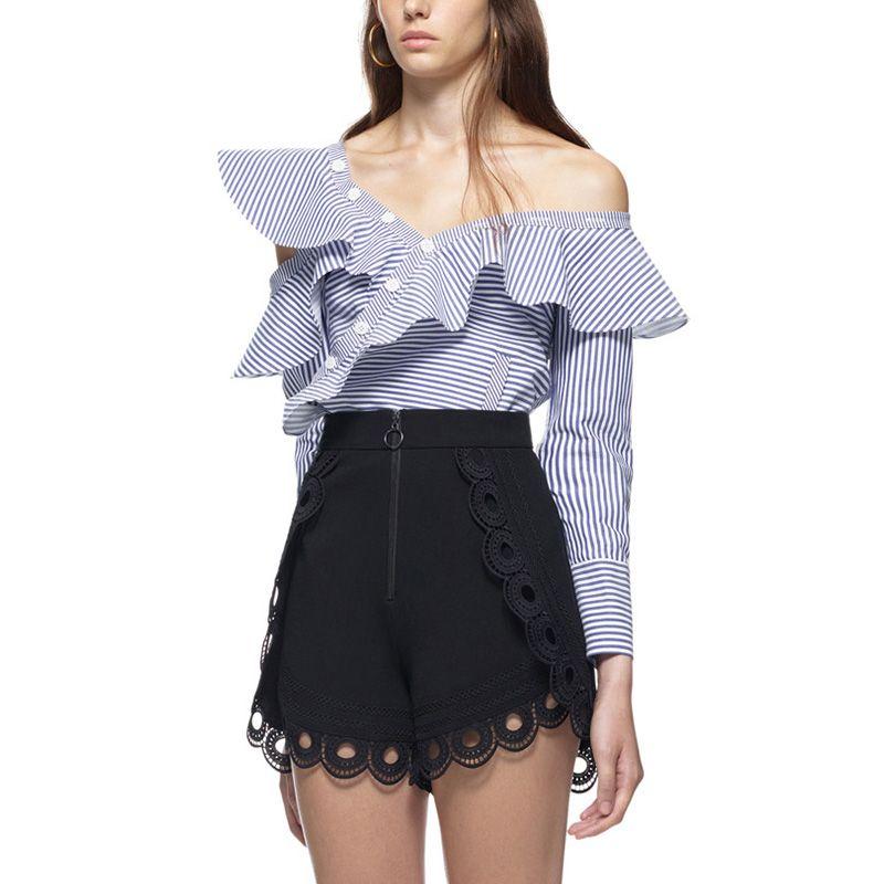 

Women Spring New Striped Shoulder Long Sleeve Shirt Blue Stripe XL