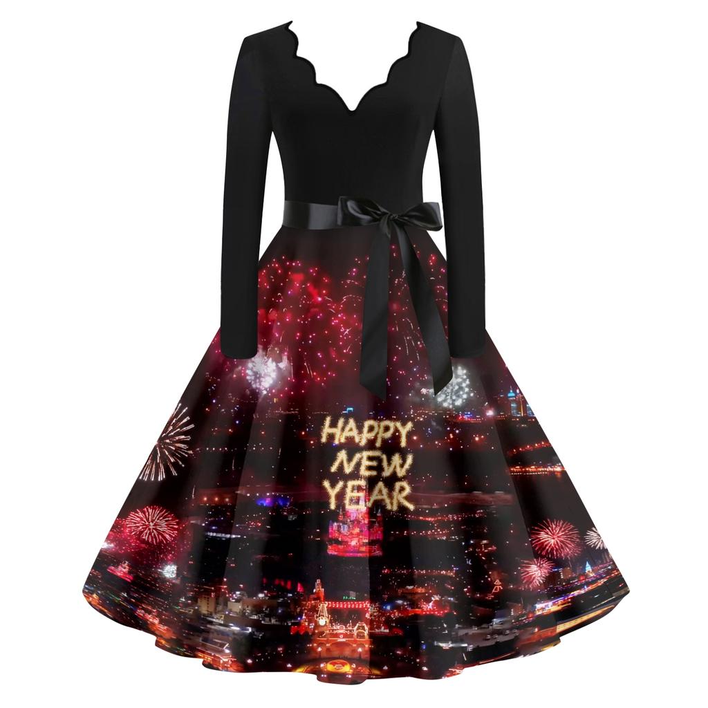 Dámské ležérní módní novoroční potištěné šaty s výstřihem do V ve vintage stylu