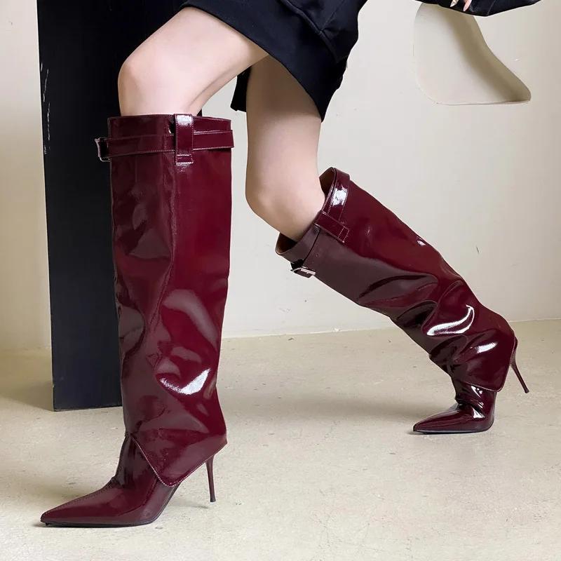Designer Sexy Patent Leather Woman Knee-High Boots Thin Heels Long Booties Belt Buckle Strap Stripper Shoes