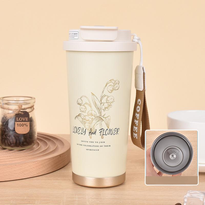 Nová módní nerezová termoska s vysokým vzhledem, dvojitý nápojový šálek na kávu Convallaria s lanem
