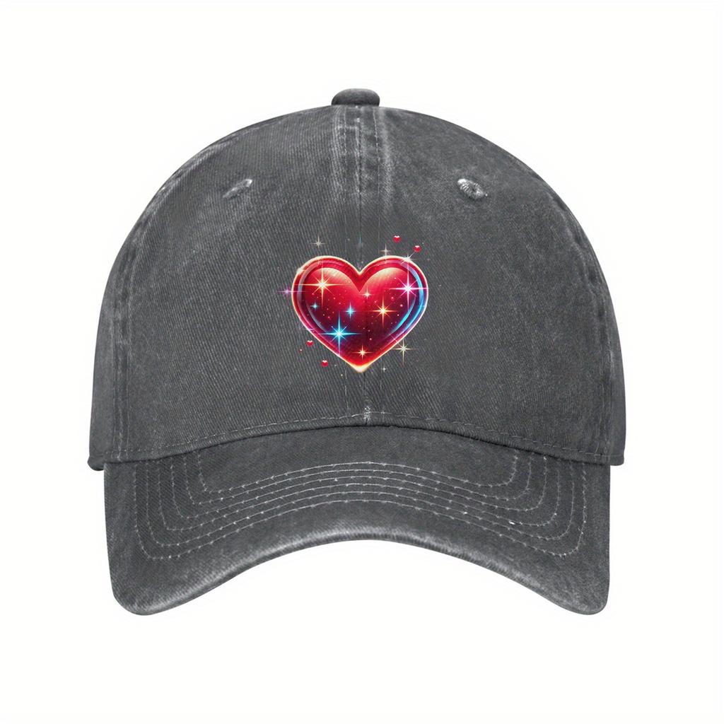 Sparkling Heart Print Baseball Cap Vintage Washed Polyester Adjustable Casual Outdoor Headwear Unisex