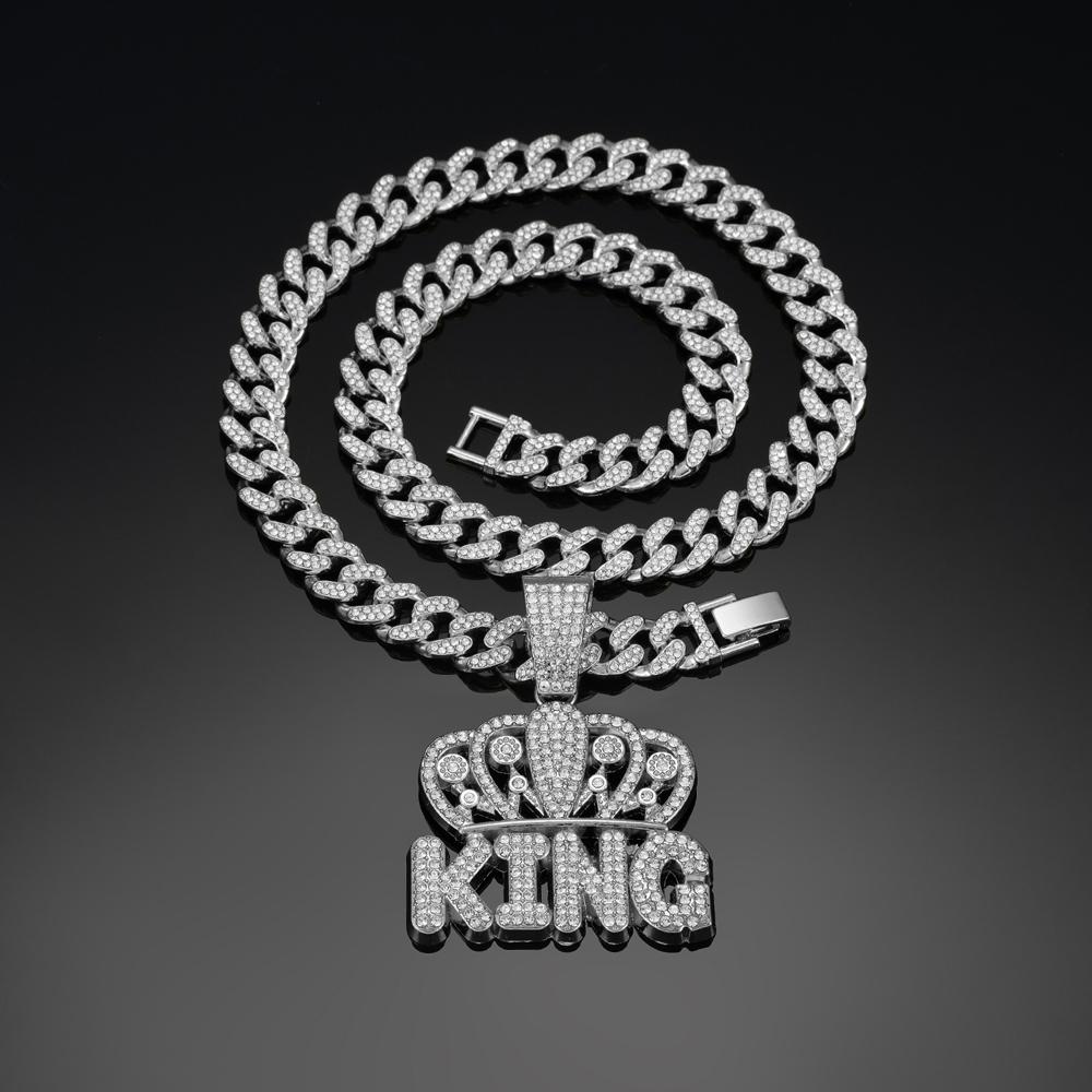 

Мужское хип-хоп ожерелье с подвеской в виде короны, буквы KING и 13-миллиметровой майамской кубинской цепью, инкрустированное стразами, хип-хоп ожерелья, модные женские украшения