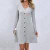 Mulheres outono inverno vestido com decote em v botão listrado único breasted a linha grande bainha manga longa cintura apertada cor sólida malha mini vestido