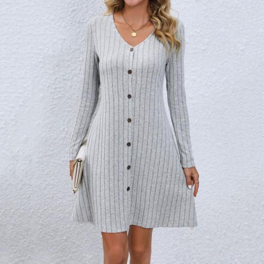 Mulheres outono inverno vestido com decote em v botão listrado único breasted a linha grande bainha manga longa cintura apertada cor sólida malha mini vestido