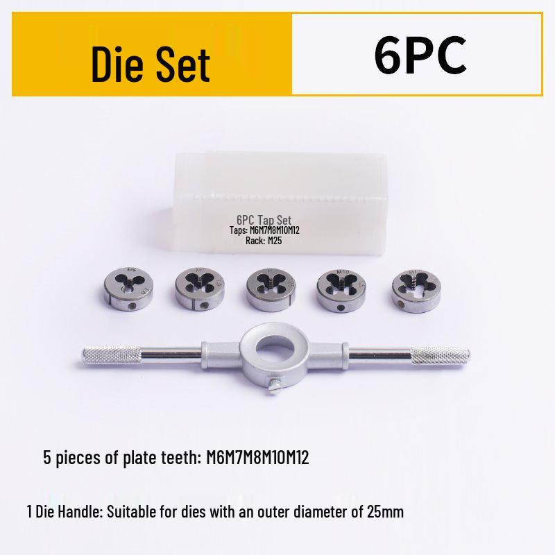 High-Speed Steel Taps & Dies Set: 5, 6, 7, 9-Piece with Tap Wrench and Threading Drill Bits.