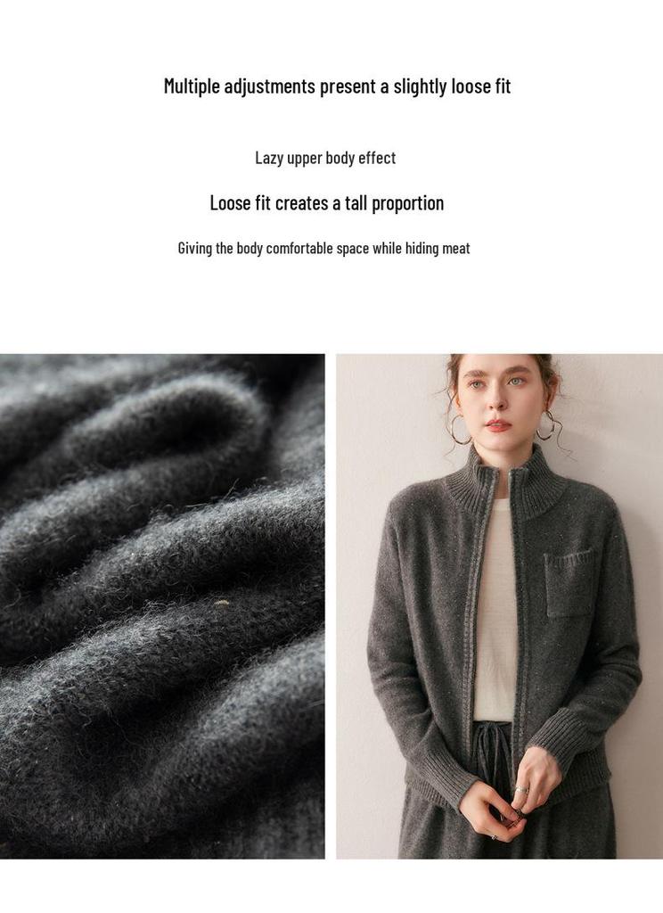 2025 A/W Women's Cashmere Stand Collar Cardigan, Golden Bean Yarn, Double Zipper, Thick Knit with Pockets.