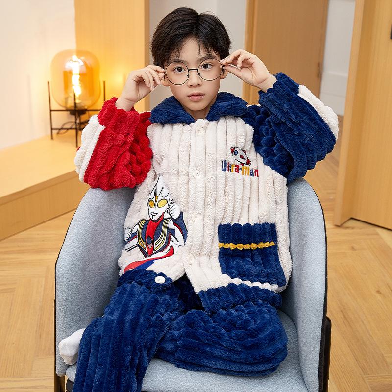 Cute Cartoon Boys' Coral Fleece Pajamas - Cozy Winter Flannel Sleepwear for Kids