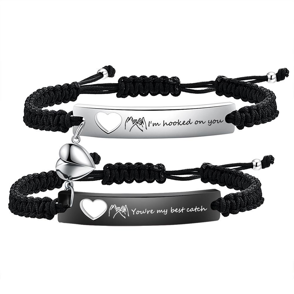 Polished Engravable Heart Cutout Hand-Woven Magnetic Clasp Couple Bracelet
