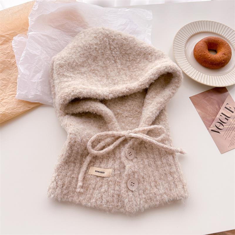 Drawstring button solid color versatile balaclava wool knitted hat winter warm and protective ear hat