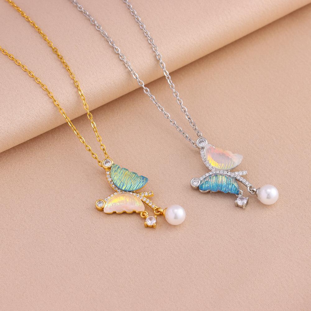 New Fashion Versatile Ultra Fire Color Dopamine Tassel Pearl Butterfly Pendant Titanium Steel Necklace Women's Clavicle Chain