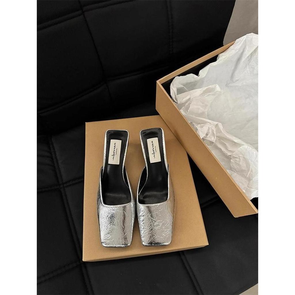 French Temperament Bag Head Half Slippers Women's Spring and Summer 2025 New Square Head Silver Fashion Evening High-heeled Women's Slippers