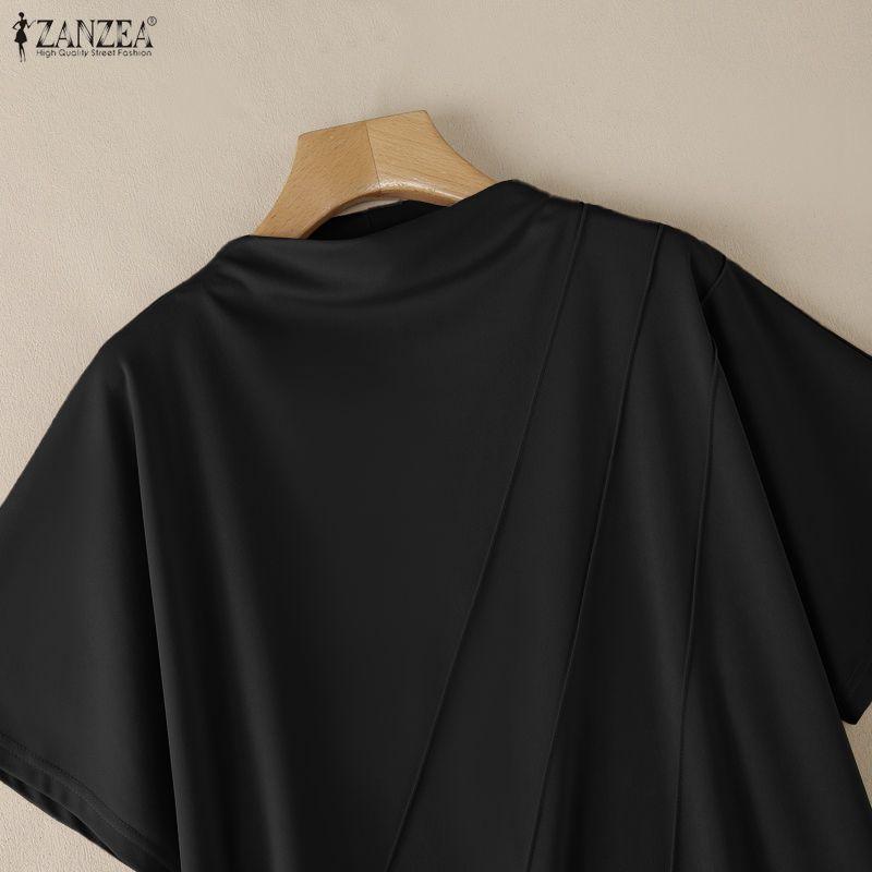 ZANZEA Womens Casual Half-turtleneck Solid Color Loose Short Sleeve Blouse