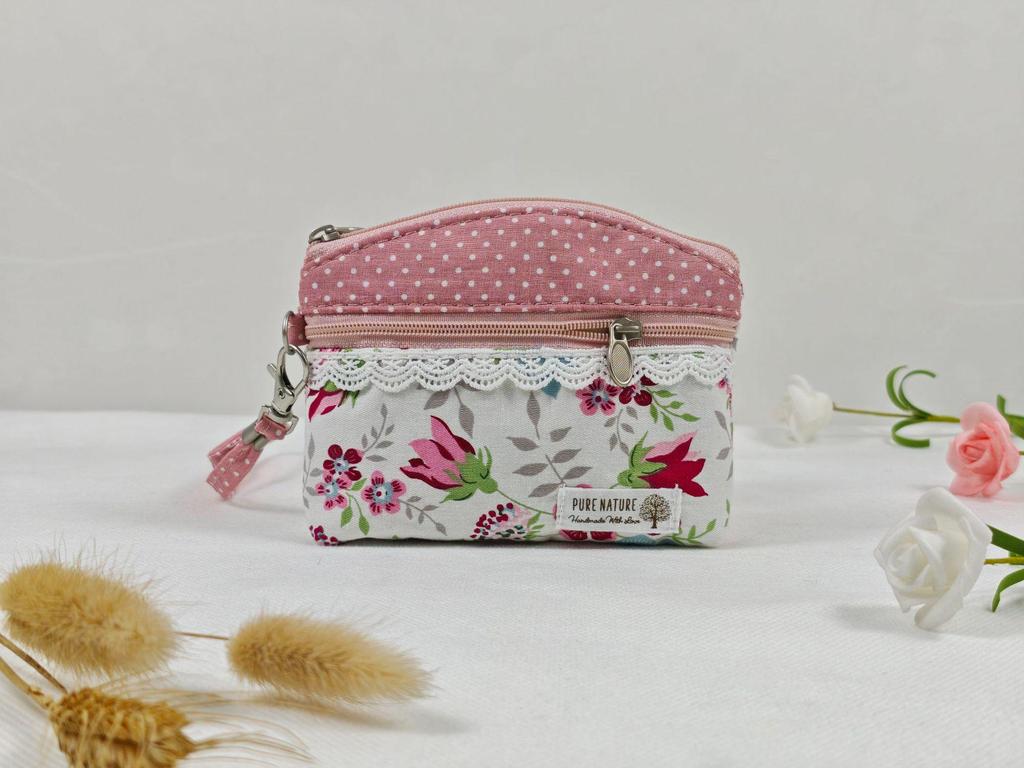 Pastorale Spitze Baumwolle Damen Doppel-Reißverschluss Münzbörse & Schlüsselanhänger