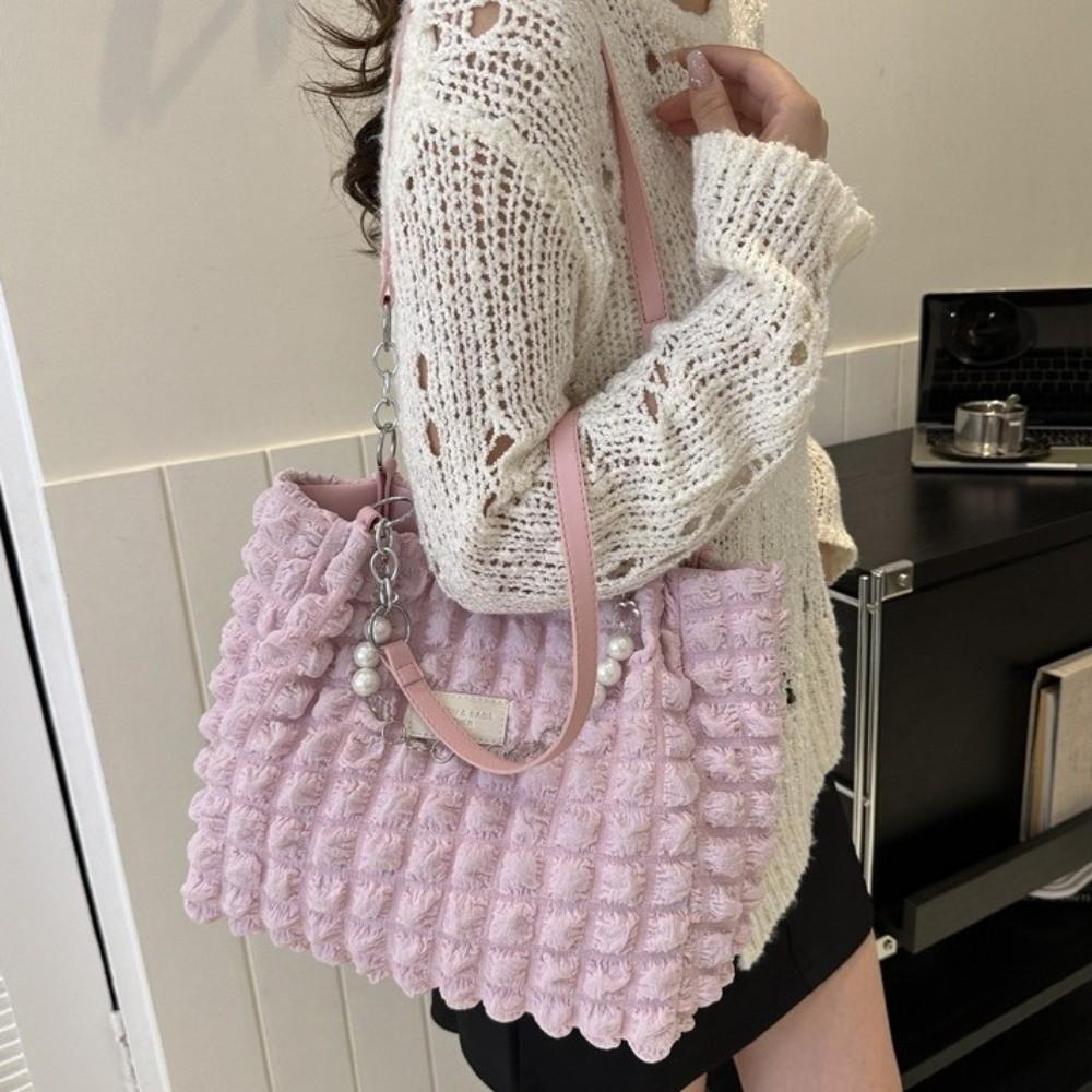 Korean Style Plaid Handbag Beaded Bubble Cloud Bag Fashion Pleated Tote Bag  Girls