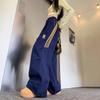 Women's Navy Three-Stripe Wide-Leg Track Pants - Spring/Autumn Casual Loose Fit