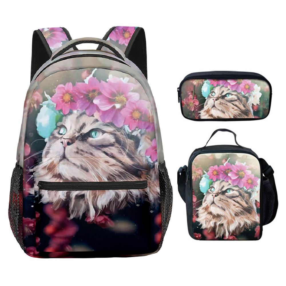 Classic Novelty Cool Cute Cat Pattern 3D Print 3pcs/Set Student School Bags Laptop Backpack Crossbody Lunch bag Pencil Case