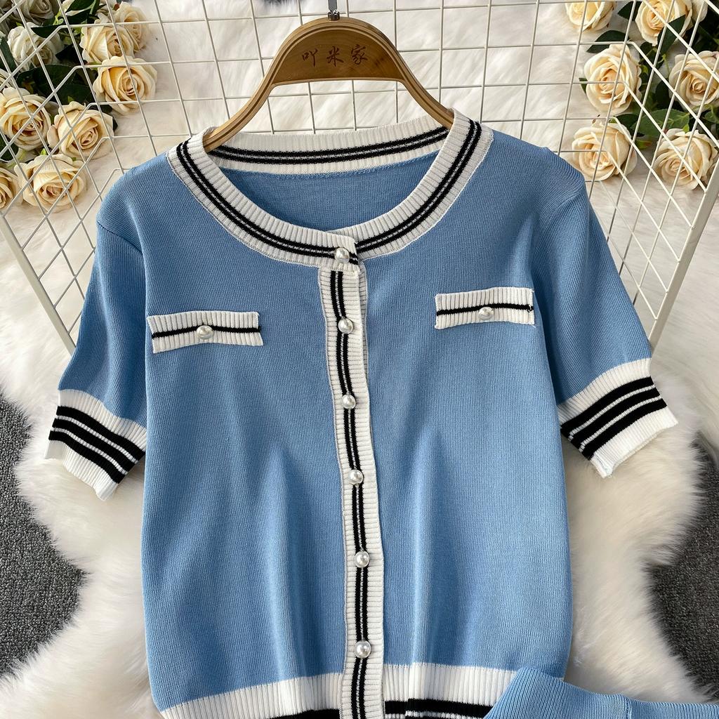 Summer Women Knitted Sweater Suit Short Sleeve Single Breasted Cardigan Top and Ankle Length Pant Two Piece Set For College Girl