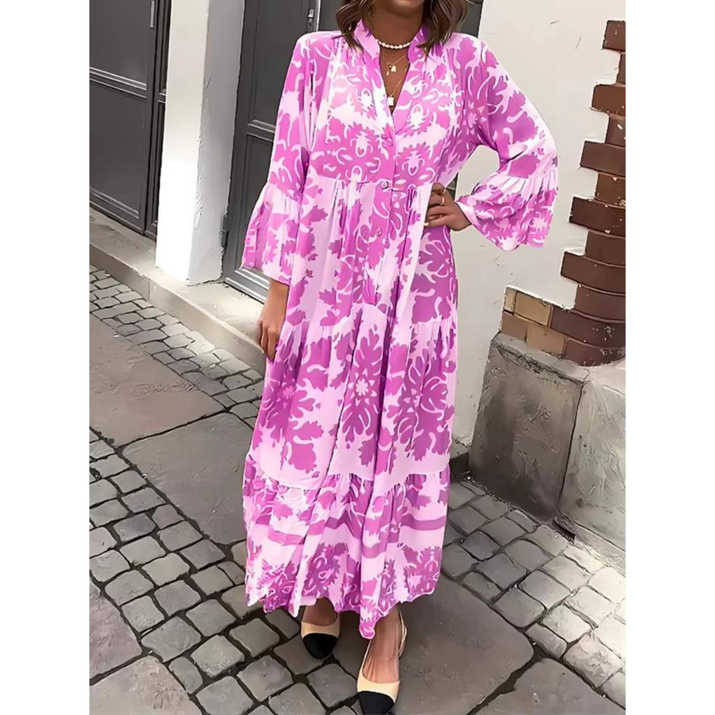 LYRIA Autumn and Winter Women's Clothing Long Dress New Standing Collar Flared Sleeve Printed Casual Dress Fashionable Plus Size