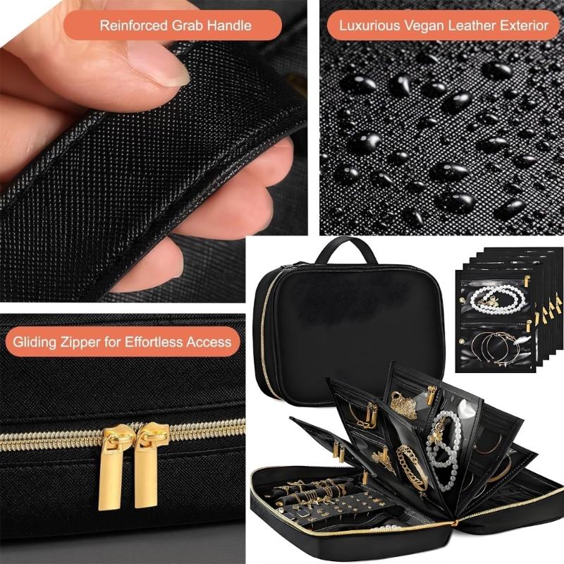 Portable Jewelry Storage Bag with Built-In Carry Handle, Zippered Closure, and Dedicated Holders for Different Pieces