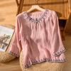 Blusa Ricamata in Cotone e Lino a Manica Tre Quarti Estiva Retro Sottile Larga T-shirt