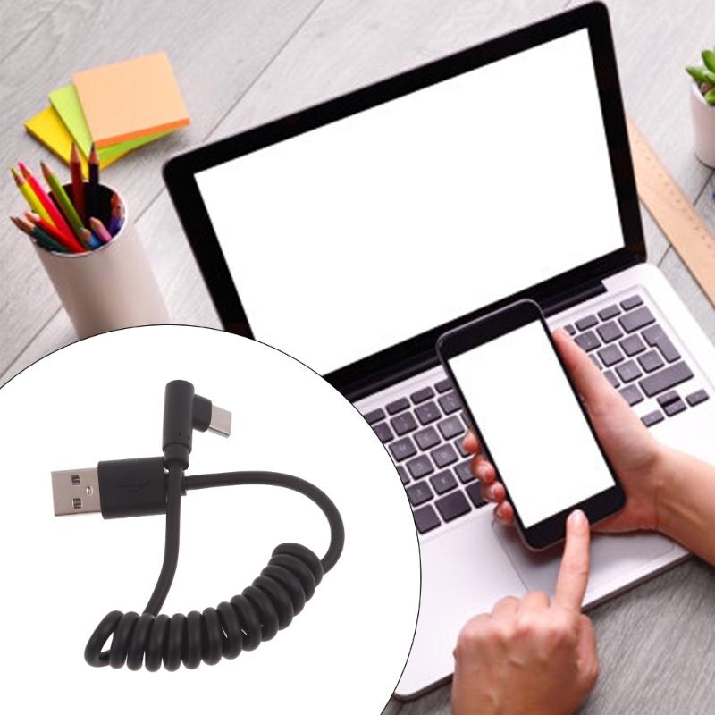 Coiled USB Type C Cable, Angled USB C to USB2.0 Extension Cord 90 Degree USB C Adapter Leads Data Sync Cable