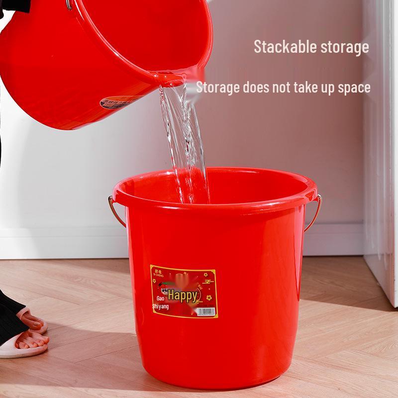 Red Round Hand-held Plastic Bucket with Lid for Moving, Weddings, and Auspicious Events