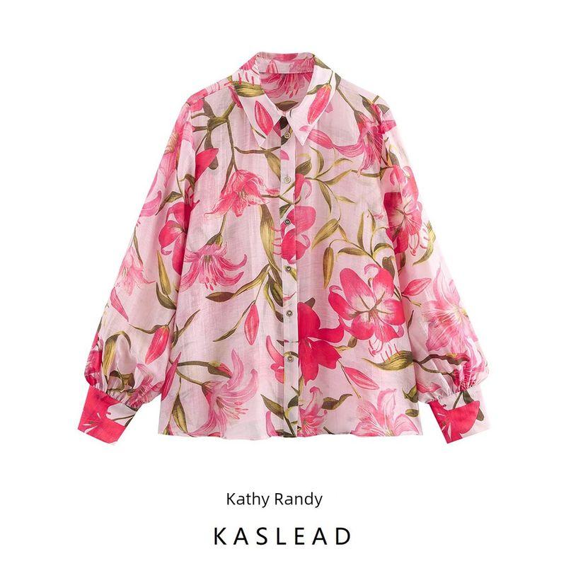 Kaslead New Arrival Women's Fashion Style Stylish Simple and Versatile Flower Print Shirt 5029055