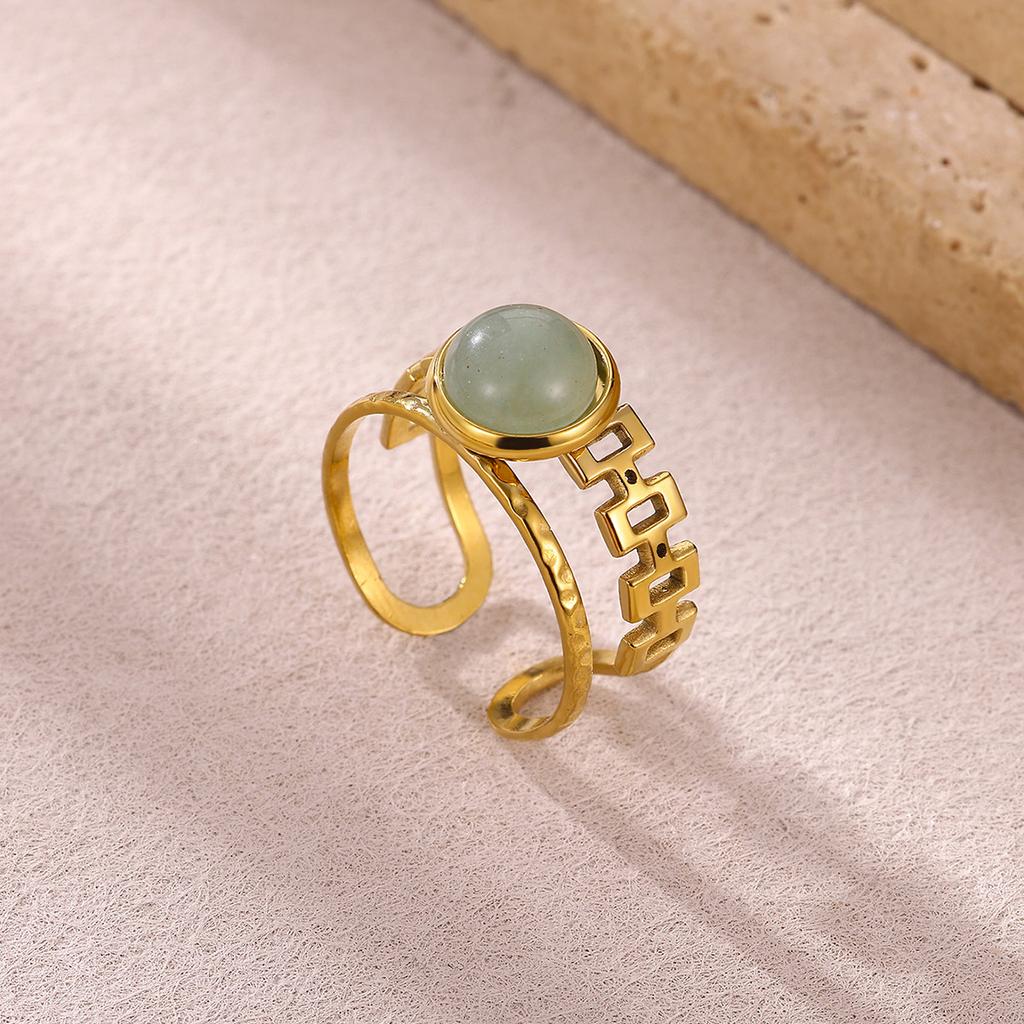 Vintage Romantic Green Stone Anillos Women Geometric Irregular Rings Stainless Steel Gold Color Waterproof Jewelry Elegant Party