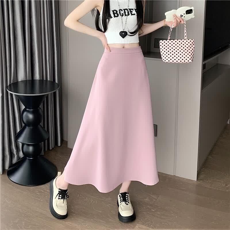 Women s Solid High-Waist A-Line Midi Skirt M