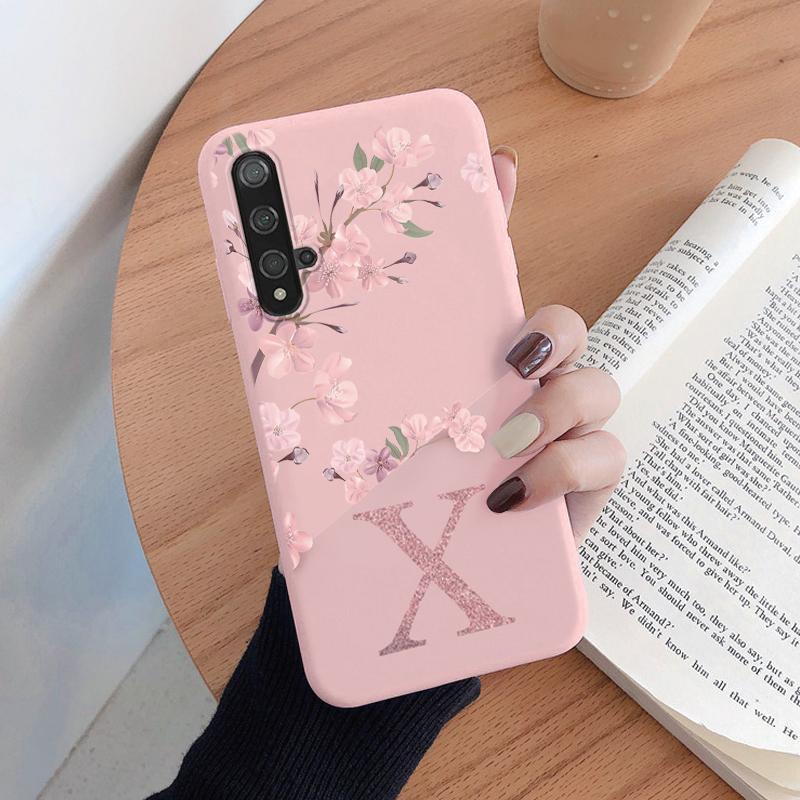 Initial Letter Silicone Case For Huawei Nova 5T Shell Retro Pink Flower Soft TPU Back Cover For Huawei Nova5T Capa Cute Coque